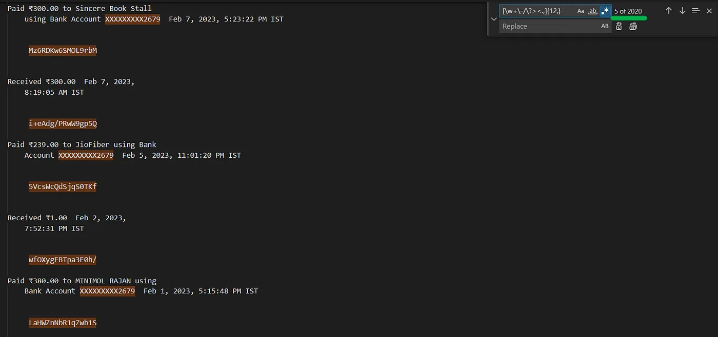 Finding alphanumeric unique identifiers using RegEx in VS Code
